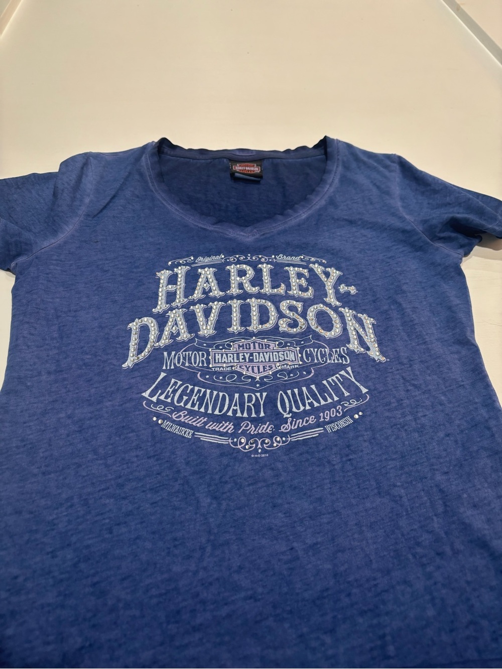 Harley-Davidson Women's Navy Blue Short Sleeve Tee with White Logo - Picture 3 of 4